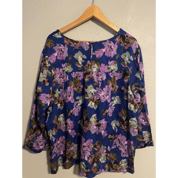 J Jill Tunic Top Womens XL Blue Floral Rayon Cotton V Neck Boho Blouse Artsy - Picture 2 of 8